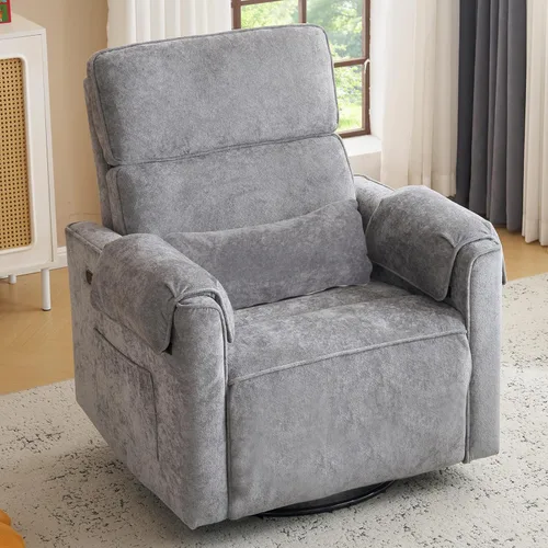 Miniatura 13 de Chenille Rocking Chair Nursery with Adjustable Headrest, 24" Extra Wide Swivel Rocker Recliner with Overstuffed Armrest, Oversized Power Rocker