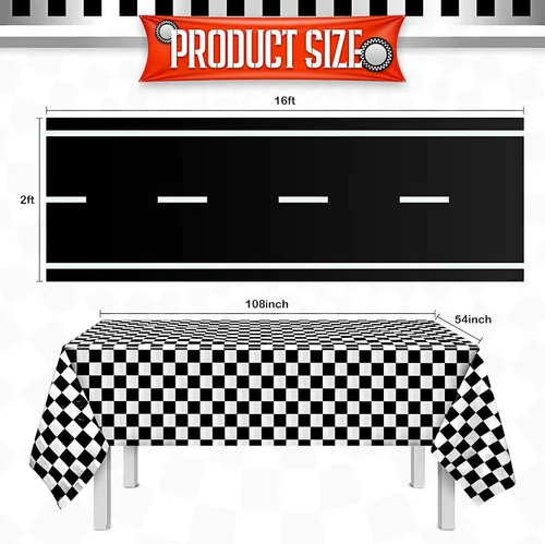 Miniatura 3 de Suministros de cumpleaños para fiesta de autos de carreras, tapete para correr de pista de carreras, mantel de carreras, pancarta a cuadros, 12