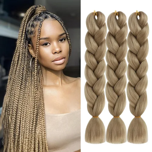 Miniatura 23 de Extensiones de cabello trenzado de color amarillo jumbo, trenzas gigantes para trenzas de caja trenzada, cabello de fibra sintética de alta calidad