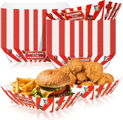 Tenceur 50 Piezas Bandejas de Papel de Carnaval para Alimentos 2lb Decoraciones de Carnaval Cuencos de Nachos a Rayas Rojas y Blancas Barcos para