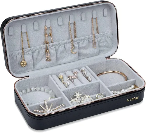Organizador de joyas de viaje, joyero portátil para mujer, organizador de viaje para anillos, aretes, collares, pulseras, relojes, negro, C