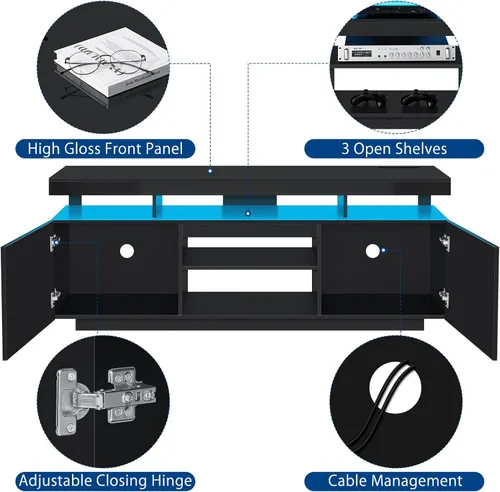 Miniatura 7 de HOMMPA Soporte de TV LED de 70 pulgadas con tomas de corriente, moderno centro de entretenimiento con luces LED para sala de estar, gabinete Negro