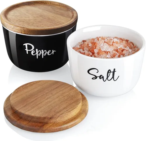 Miniatura 8 de DAYYET Cuencos de sal y pimienta, bodega de sal de 10 onzas con tapa, recipiente de cerámica apilado para sal y pimienta con tapa de madera de Blanco