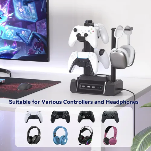 Miniatura 4 de KDD Estación de carga para múltiples dispositivos - Base de carga de 4 puertos con controlador y soporte para auriculares - 3 USB A y 1 USB C