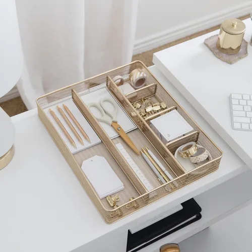 Miniatura 5 de BLU MONACO Bandeja organizadora de cajones de escritorio dorada con 6 compartimentos Organizador de cajones de malla metálica para suministros