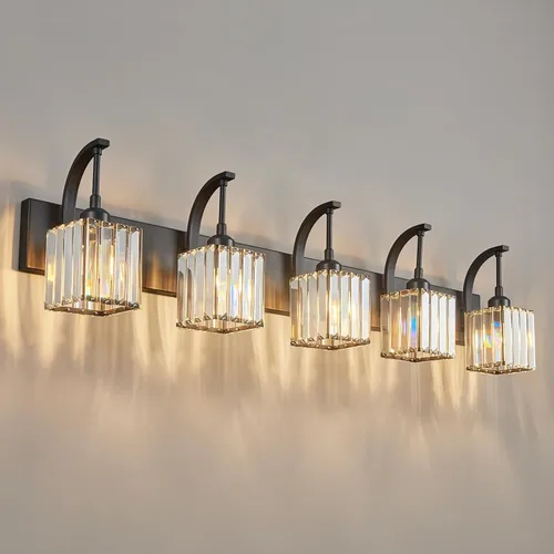 Miniatura 52 de Luces de tocador de cristal de 3 luces negras para tocador de baño, modernas lámparas de baño de cristal sobre espejo de 23.62 pulgadas de largo