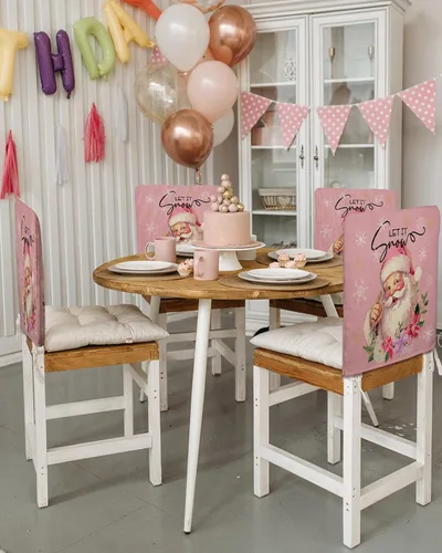 Miniatura 3 de Juego de 4 fundas para sillas de comedor con diseño de Papá Noel rosa para silla botánica, fundas extraíbles para sillas de cocina, fundas Papá Noel