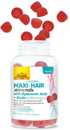 Miniatura 2 de Country Life Maxi-Hair - Gomitas para piel y uñas con ácido hialurónico y biotina de 5,000 mcg - Apoya el crecimiento del cabello, la hidratación