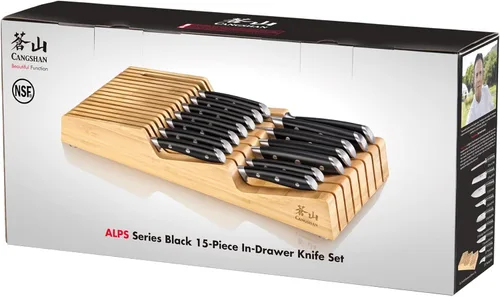 Miniatura 9 de Cangshan ALPS Series 502810 juego de 15 cuchillos forjados de acero alemán con bandeja de bambú, para cajón, (negro)