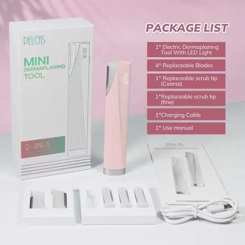 Miniatura 8 de PELCAS Kit de herramientas de dermaplaning eléctrico para mujer cara con luz LED, mini maquinilla de afeitar facial con 6 cuchillas, 3 velocidades