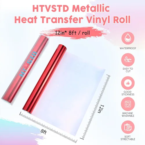 Miniatura 2 de Rollo de vinilo HTV metálico rojo – 12 pulgadas x 8 pies, vinilo metálico de transferencia de calor rojo para camisetas, telas, manualidades