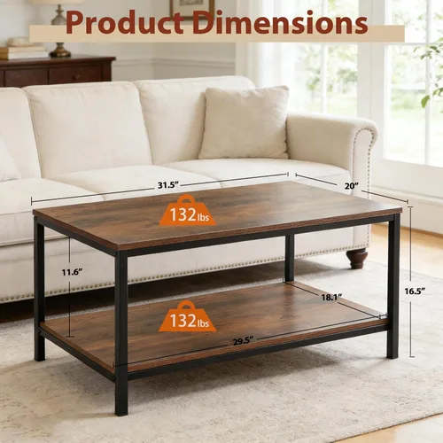 Miniatura 3 de SUPER DEAL Mesa de café industrial de 2 niveles con estante de almacenamiento para apartamento pequeño, sala de estar, mesa auxiliar rectangular