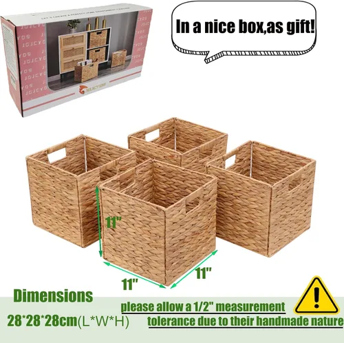 Miniatura 4 de JGJCYO9 Cestas de Almacenamiento 11x11 pulgadas Cestas Cubo 4 piezas Cestas, Organizador de Lavandería de Jacinto de Agua Tejido a Mano Plegable