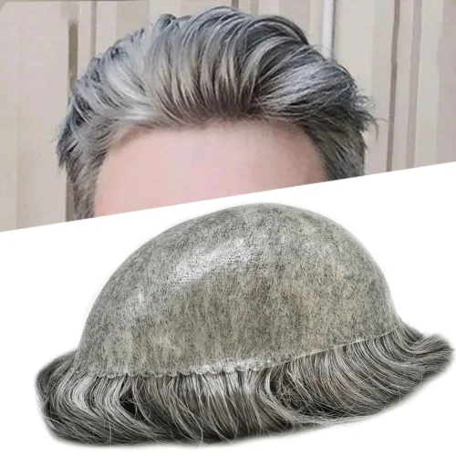Miniatura 40 de Sistema de cabello humano tipo tupé para hombre, tupé gris, piezas de cabello completo de poliéster para hombres, tupé de inyección de poliuretano