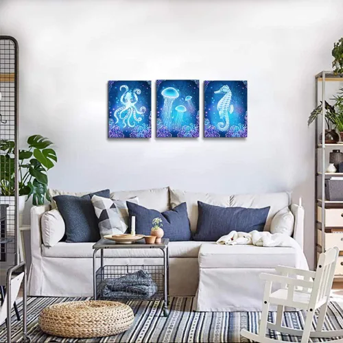 Miniatura 3 de Lienzo con temática de vida oceánica azul, pinturas artísticas de pared para sala de estar, obras de arte de pared, animales marinos, caballo