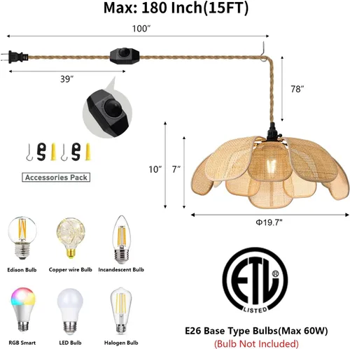 Miniatura 2 de Candelabros Bohemios Enchufables Luces Colgantes de Ratán Lámpara Colgante de Flores con Interruptor de Encendido/Apagado Cuerda de Cáñamo de 15
