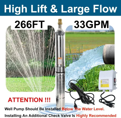 Miniatura 2 de Bomba Sumergible de Pozo Profundo con Caja de Control 1HP 115V Bomba de Pozo Sumergible Bomba de Agua Sumergible Acero Inoxidable 33 GPM, Elevación