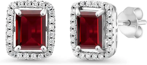 Gem Stone King Aretes de plata de ley 925 con piedra natal | Corte esmeralda de 0.315 x 0.236 in | Aretes de halo para mujer