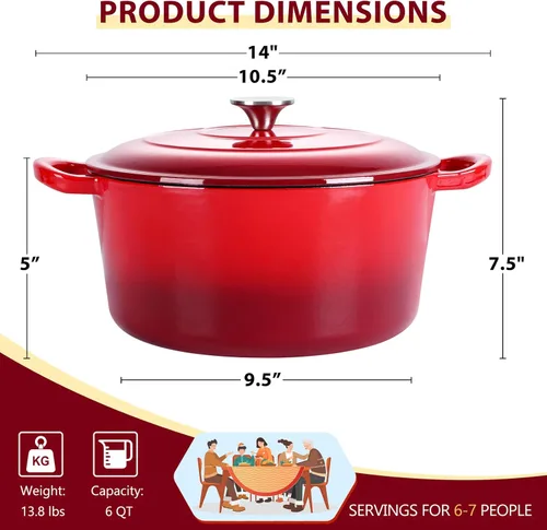 Miniatura 2 de E-far Horno holandés de hierro fundido esmaltado con tapa, olla redonda holandesa de 6 cuartos, utensilios de cocina antiadherentes para estofar