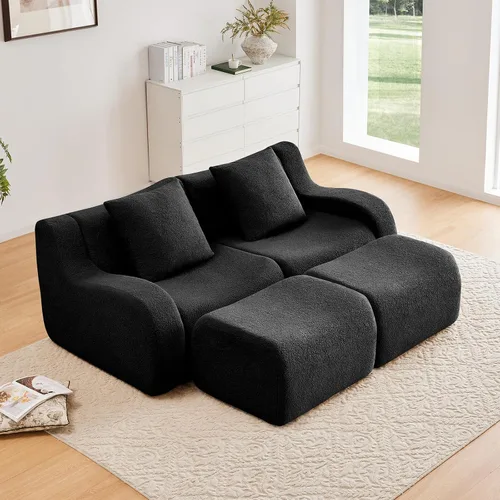 Miniatura 23 de Otomana de tela de peluche negra, moderno reposapiés modular sin hueso en una caja para sala de estar, cómodo diseño de asiento profundo,