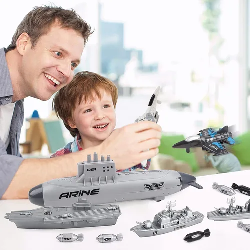 Miniatura 5 de deAO Juguete de Portaaviones Militar Submarino Barco Naval Conjunto de Juego con Aviones Juguete de Acorazado del Ejército para Niños y Niñas