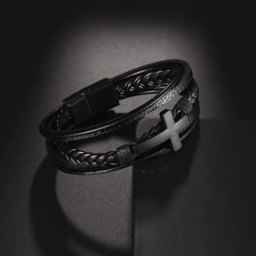 Miniatura 7 de Pulsera trenzada marrón casual de cuero negro para hombre