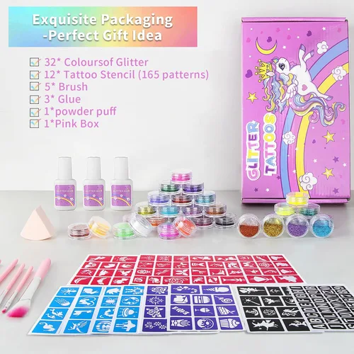 Miniatura 2 de Kit de tatuajes temporales con purpurina para niños, 32 colores, 165 plantillas, 3 pegamento, 5 pinceles, 1 soplo de polvo, kit de maquillaje