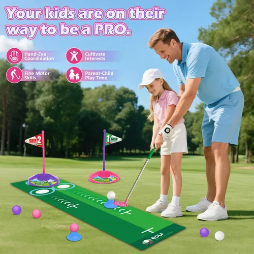 Miniatura 5 de TERRAMUS Juego de golf para niños con dinosaurio de retorno automático de golf, bolas de golf nocturnas con luz LED, 3 palos, alfombra de putt, 3-8