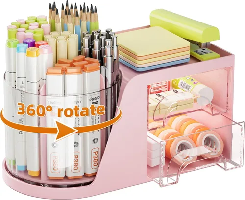 Marbrasse Organizador de Escritorio con 2 Cajones, Soporte Giratório de 360° para Bolígrafos, Organizadores de Escritorio y Accesorios con Rosa