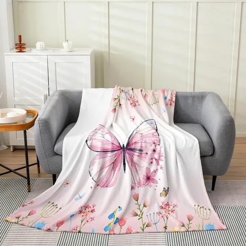 Manta de vellón de mariposa, manta mullida de franela con flores rosas degradadas para cama, sofá, sillón durante todas las estaciones, estilo