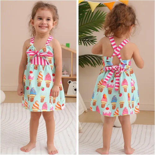Miniatura 2 de Falda de verano para niñas pequeñas, con estampado de heladodinosaurio, sin mangas, correa sin espalda, vestido de 1 a 6 años