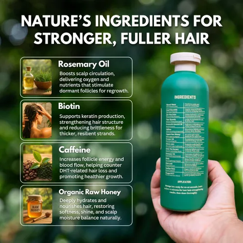Miniatura 5 de PRIMALS Champú fortalecedor del cabello, cafeína, biotina, miel cruda, aceite de romero, antiadelgazamiento del cabello, ingredientes naturales