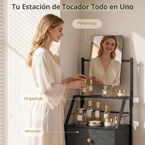 Miniatura 6 de HIGDBFE Cómoda de 4 cajones con espejo, tocador con estantes de 2 niveles, cómoda de tela para espacios pequeños, armario de almacenamiento vertical