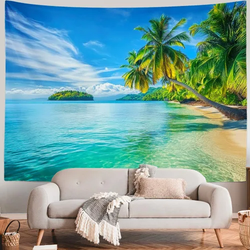Serborlur Tapiz para colgar en la pared con fondo de playa azul y mar, tapiz de pared tropical paraíso palmera, arte de pared, tapiz bohemio para
