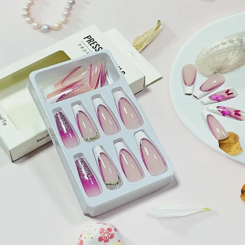 Miniatura 3 de Uñas largas a presión, uñas postizas cuadradas de punta francesa, uñas acrílicas, punta de ataúd, uñas adhesivas de cobertura completa, uñas