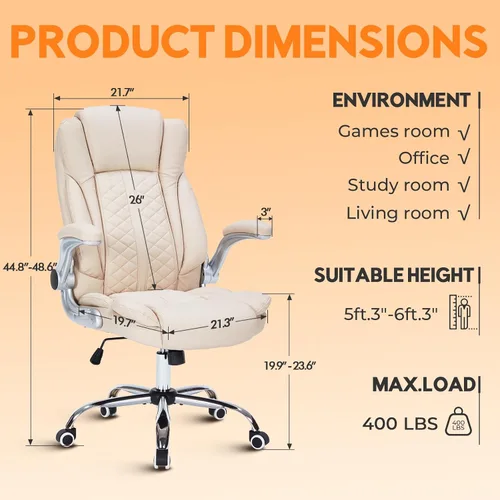 Miniatura 2 de Silla de oficina ejecutiva de 400 libras con reposabrazos abatibles, silla de computadora grande y alta para personas pesadas, silla ergonómica Crema