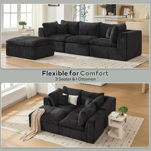 Miniatura 4 de STHOUYN Sofás Seccionales Modernos Negros de 114" sin Estructura para Sala de Estar, Sofá Nube Modular Negro en Forma de L con Otomana, Cómodo Sofá