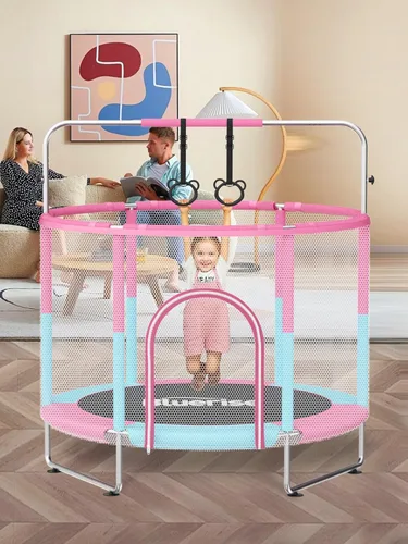 Miniatura 8 de Bluerise - Cama elástica de 55 pulgadas/6 pies, para niños, juego interior y exterior, con canasta de baloncesto para cama elástica, malla de Rosa