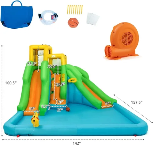 Miniatura 6 de BOUNTECH Tobogán acuático inflable, parque acuático gigante 6 en 1, castillo de salto con soplador GFCI para diversión de carreras al aire libre