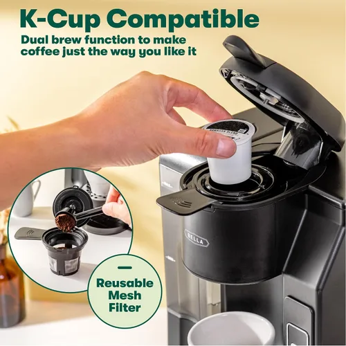 Miniatura 4 de BELLA Cafetera de una porción, doble preparación, compatible con K-cup - Elaborador de café molido con tanque de agua extraíble y bandeja de goteo