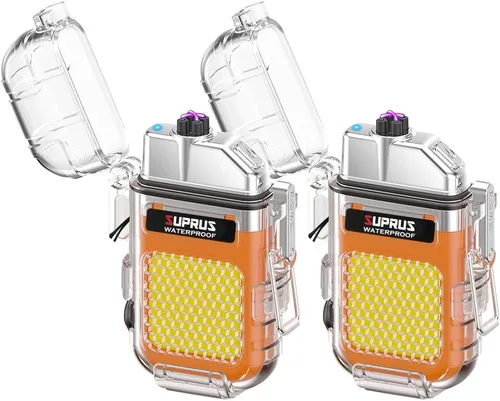 Miniatura 9 de SUPRUS Impermeable 3 modos de linterna a prueba de viento, encendedor de doble arco eléctrico recargable de plasma de doble arco con silbato de Azul