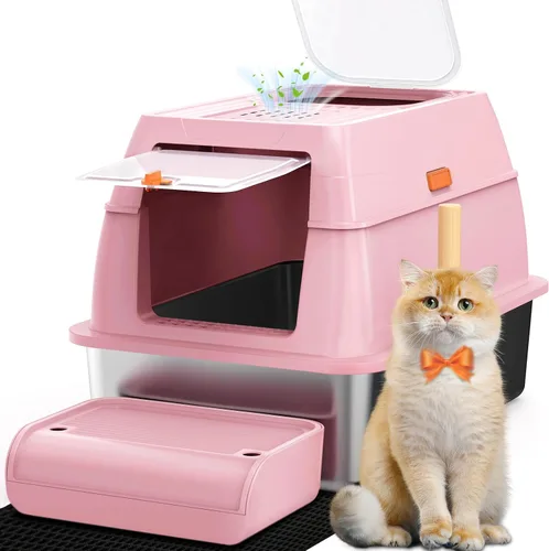 Miniatura 11 de SZEE Caja de Arena de Acero Inoxidable, Caja de Arena para Gatos de Metal Cerrada XL con Salida Superior con Tapa y Recinto, Control de Olores