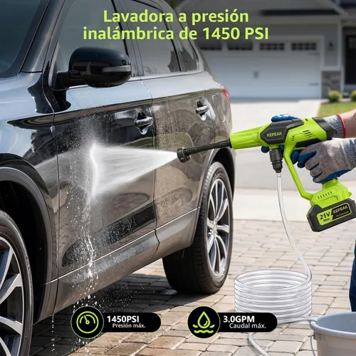 Miniatura 3 de KEPEAK Lavadora portátil inalámbrica, lavadora de mano de 1450 PSI con boquilla 6 en 1, 2 baterías de 4.0Ah y cargador, para automóvil, hogar
