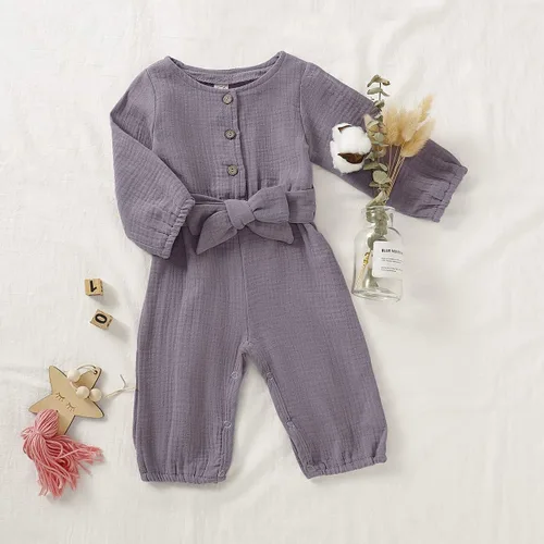 Miniatura 2 de Karuedoo Mameluco básico de algodón y lino de manga corta para niña, con pantalones largos, para otoño e invierno