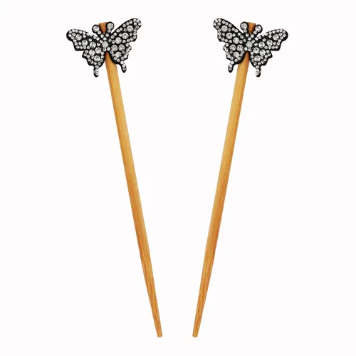 Miniatura 7 de Juego de palitos para el cabello con gemas mariposas (marrón)