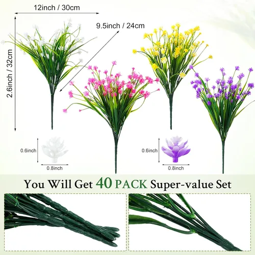 Miniatura 2 de Hoteam 40 paquetes de flores artificiales para exteriores, resistentes a los rayos UV, plantas de plástico para exteriores, primavera, verano