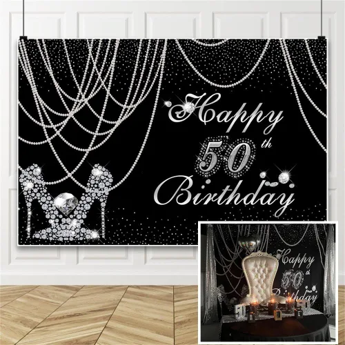 Miniatura 6 de Telones de fondo de 50 cumpleaños para mujer, color negro y plateado, cortina de perlas de 5 x 3 pies, pantuflas de diamante plateado con diamantes
