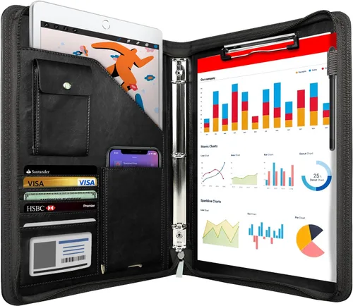 Organizador de Portafolio con Cremallera, WRIYES Portafolio de Cuero con Carpeta de 3 Anillas, Carpeta Profesional de Negocios, Organizador para