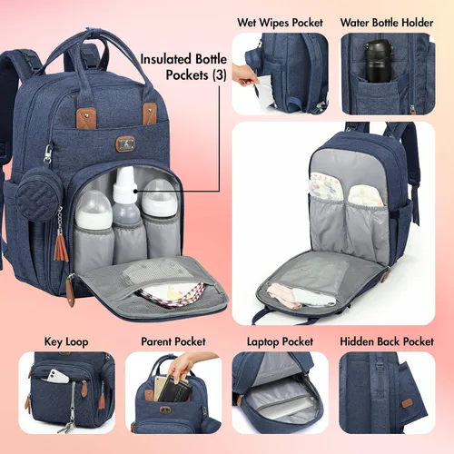 Miniatura 4 de Dikaslon Mochila para pañales con cambiador portátil, funda para chupete y correas para cochecito, bolsas de bebé unisex grandes para niños y niñas