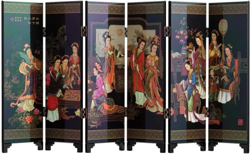 Mini arte chino tradicional de 9.5 pulgadas de alto, 6 paneles para decoración del hogar, laca, oriental, mini divisor (damas)